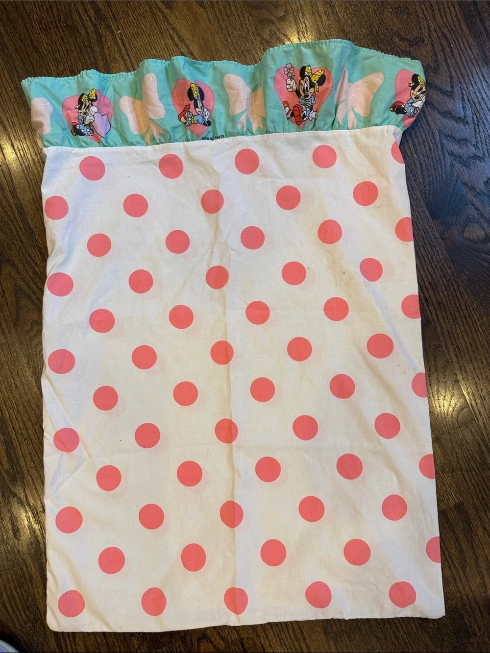 Vintage Minnie mouse Pink Polka Dot Pillowcase with Mint Ruffled Edge Disney - Picture 6 of 7